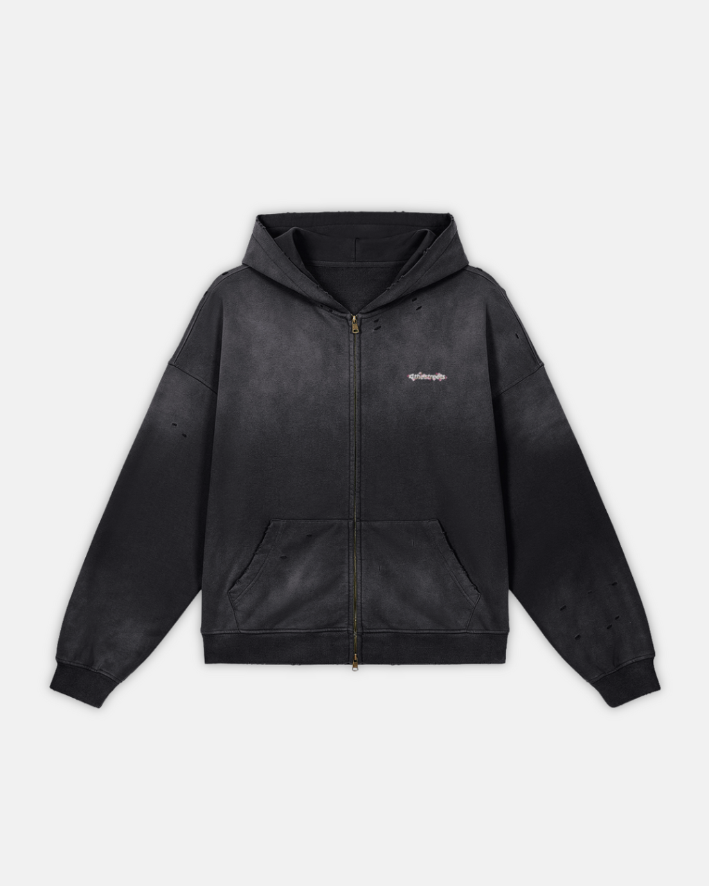 Cherry Blossom Embroidered Distressed Zip-Up