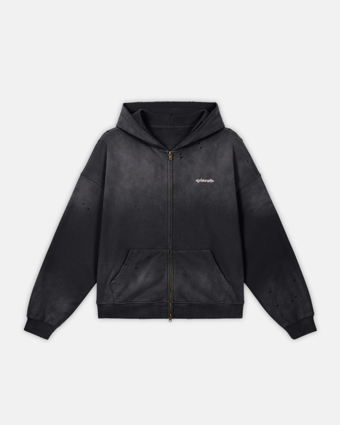 Cherry Blossom Embroidered Distressed Zip-Up