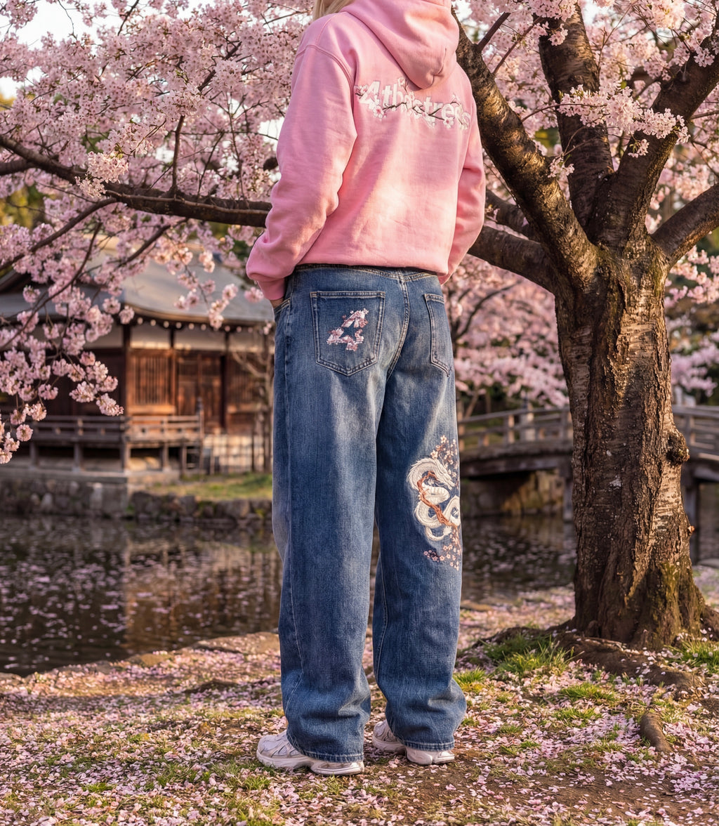 Cherry Blossom Dragon Print Denim