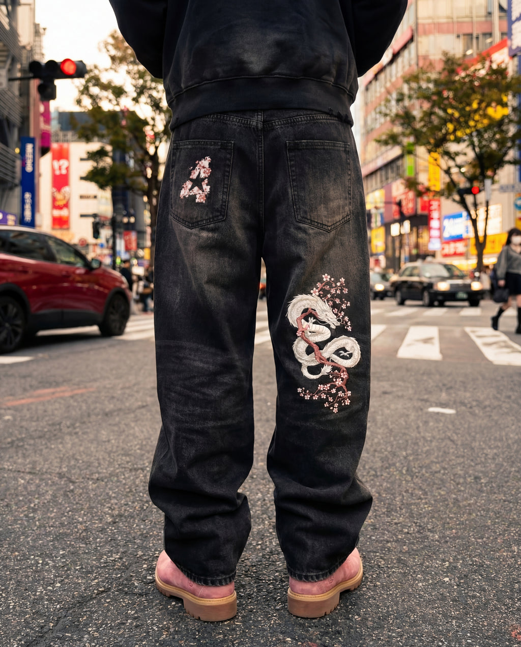 Cherry Blossom Dragon Print Denim