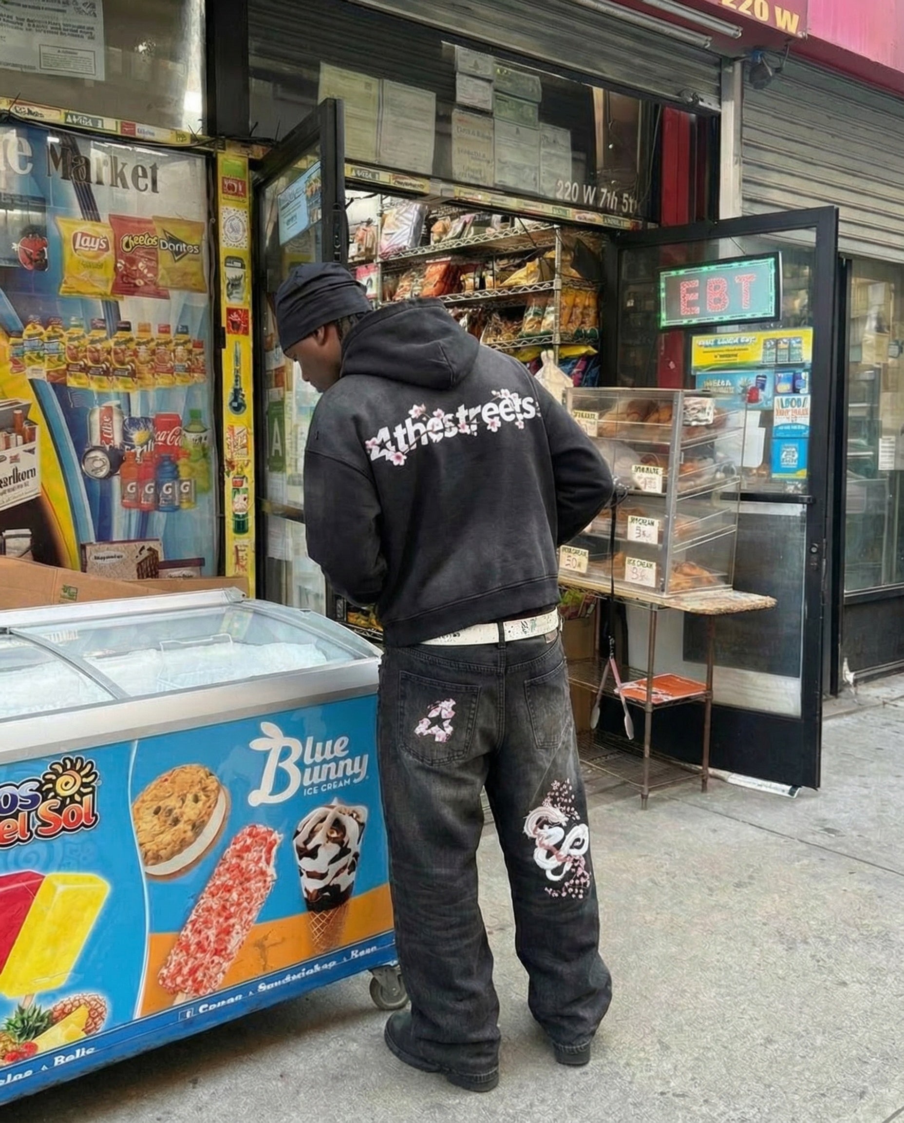 Cherry Blossom Embroidered Distressed Zip-Up