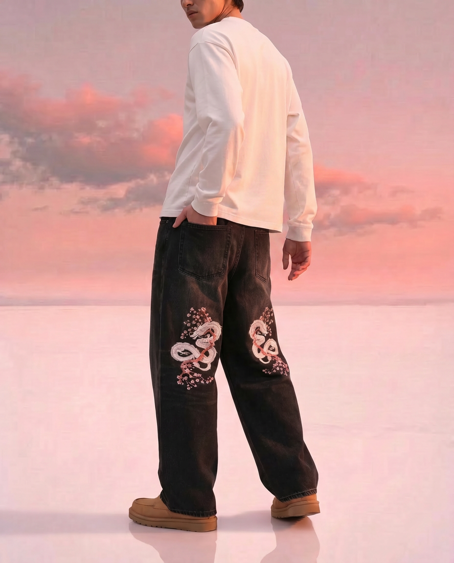 Sakura Dragon Print Denim